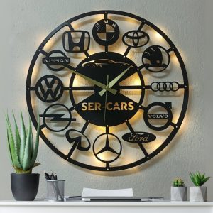 Araba Markalarından Oluşan Işıklı ve İsime Özel Duvar Saati
