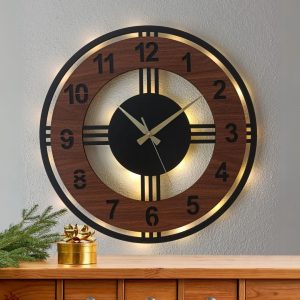 Ahşap Desenli Işıklı Modern Duvar Saati