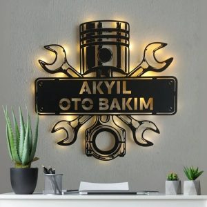 Oto Bakım Tasarımlı İsimli ve Işıklı Duvar Dekoru
