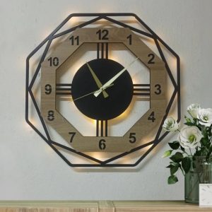 Sekizgen Sonoma Renkli Işıklı Duvar Saati - Black Dekor