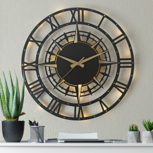 Pusula Tasarımlı Işıklı Duvar Saati - Dekoratif Saat