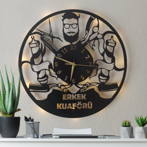 Erkek Kuaförü İçin Özel Tasarım Işıklı Duvar Saati