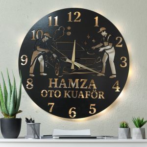 Oto Kuaförlere Özel LED Işıklı Dekoratif Duvar Saati 50x50 cm