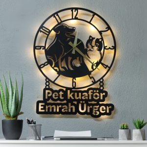 Veteriner Kliniği LED Işıklı MDF Duvar Saati - Pet Kuaförü